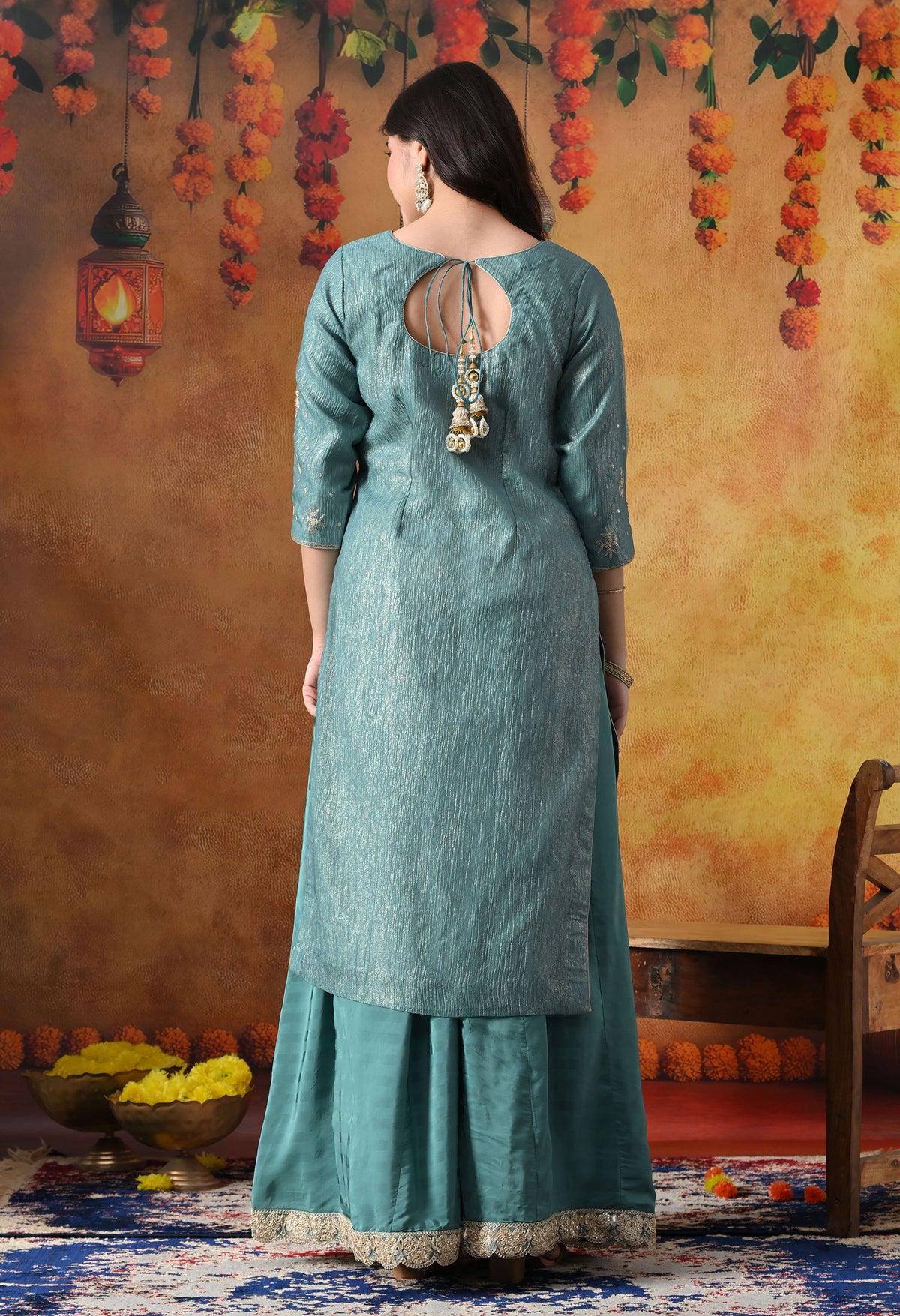 Turquoise Blue Crust Tissue Organza Sharara Set with Crepe Sharara