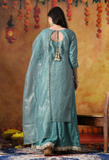 Turquoise Blue Crust Tissue Organza Sharara Set with Crepe Sharara