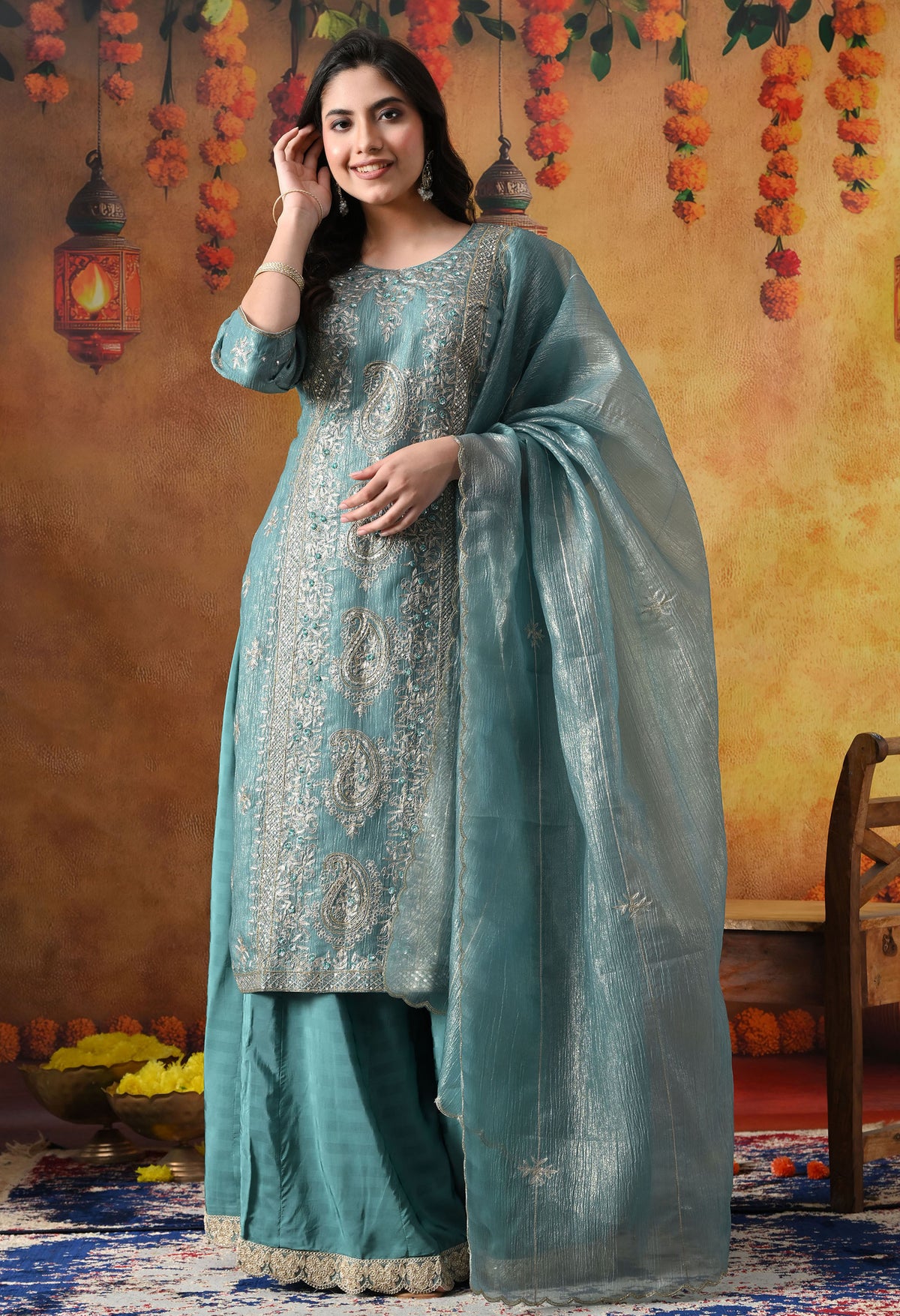 Turquoise Blue Crust Tissue Organza Sharara Set with Crepe Sharara