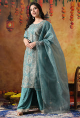 Turquoise Blue Crust Tissue Organza Sharara Set with Crepe Sharara