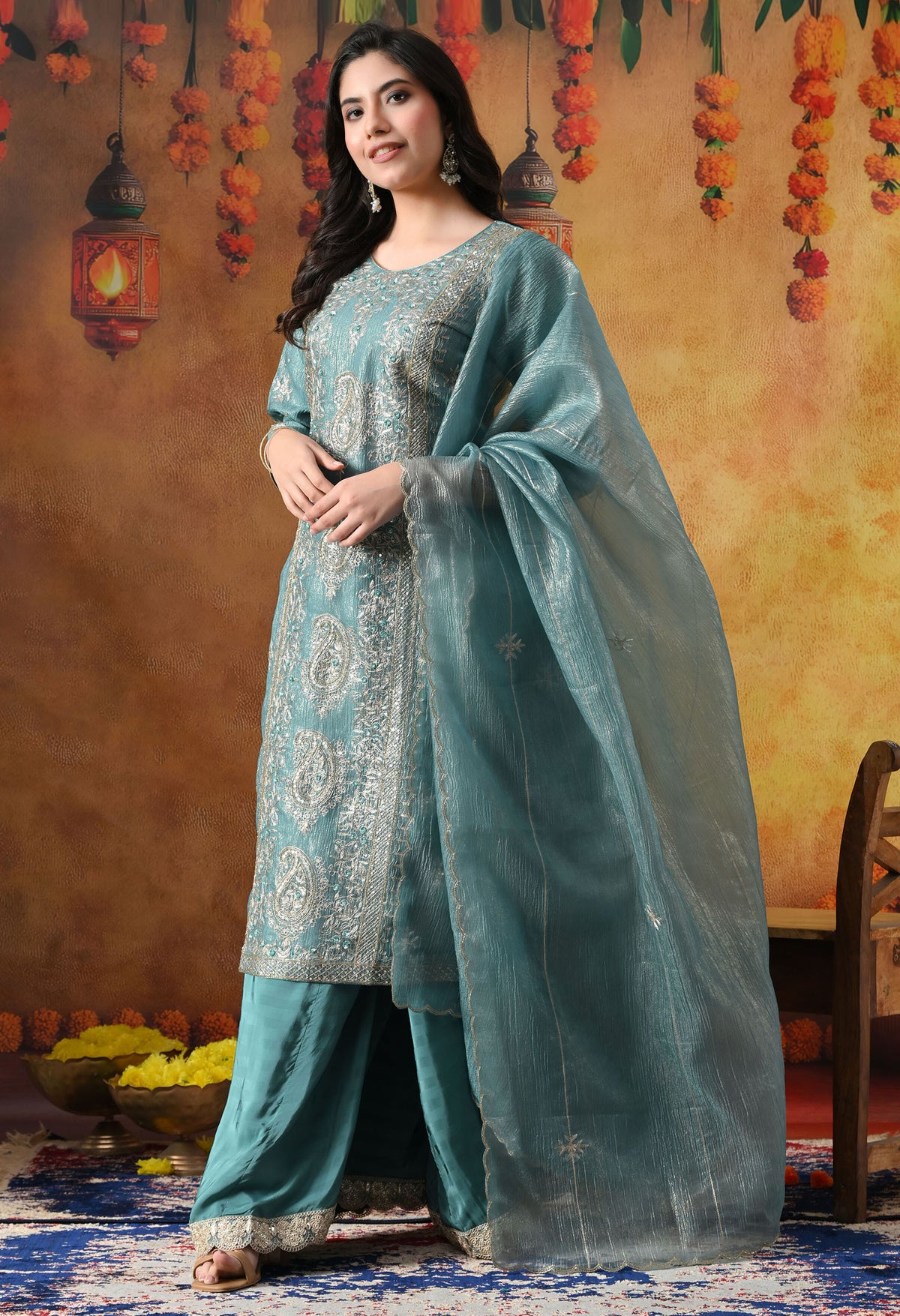Turquoise Blue Crust Tissue Organza Sharara Set with Crepe Sharara