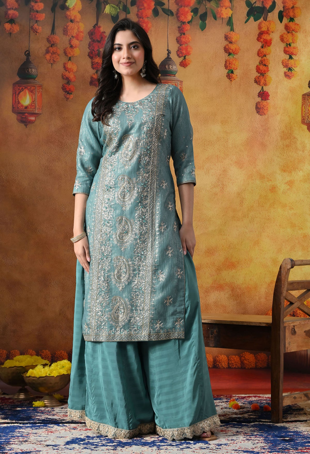 Turquoise Blue Crust Tissue Organza Sharara Set with Crepe Sharara