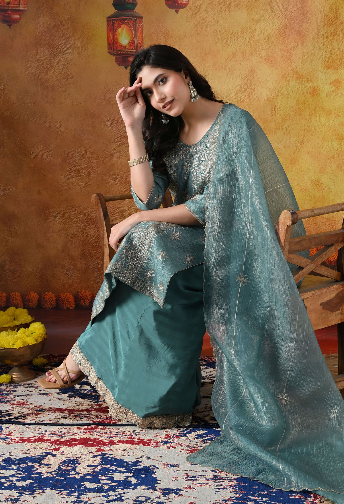 Turquoise Blue Crust Tissue Organza Sharara Set with Crepe Sharara