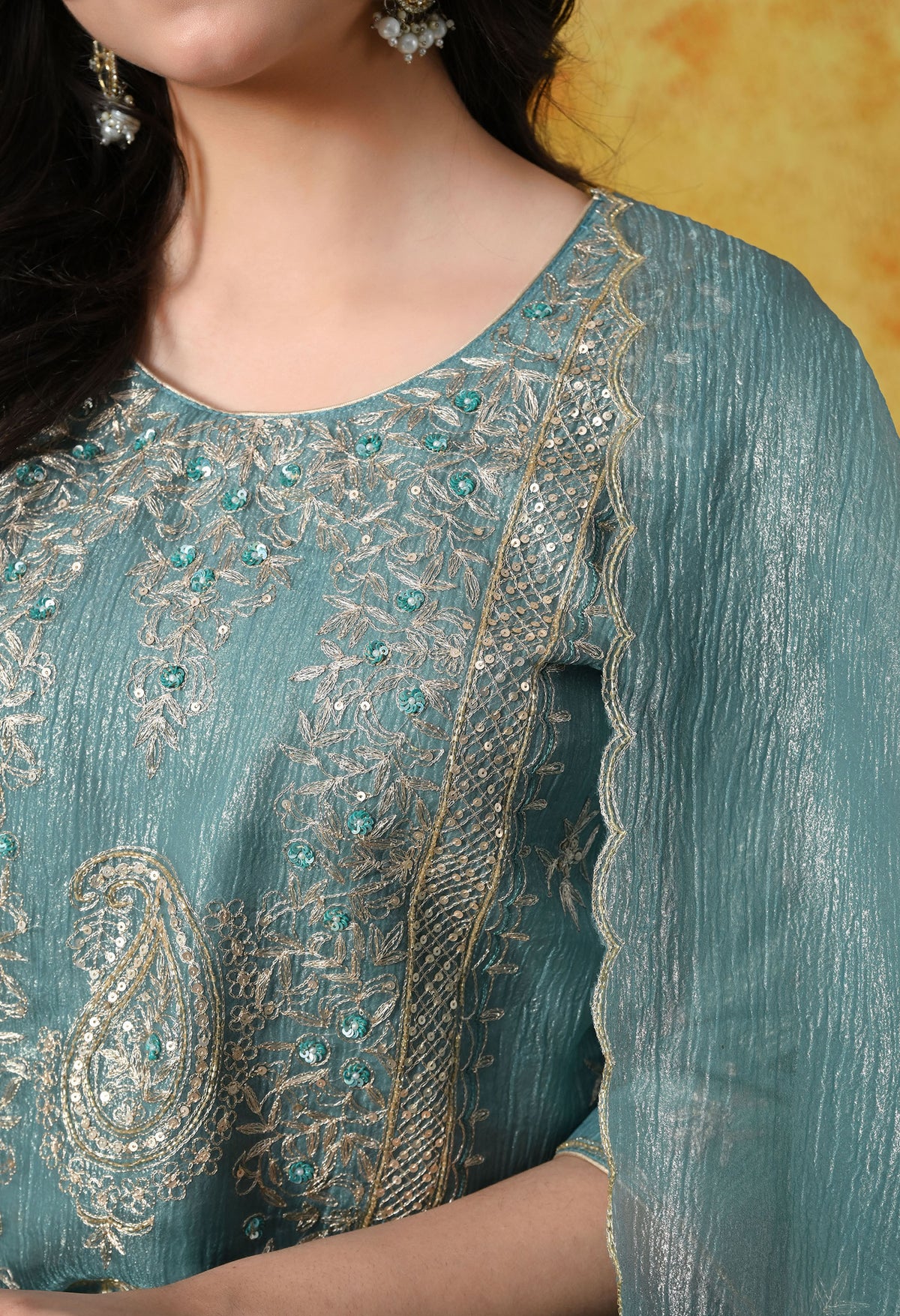 Turquoise Blue Crust Tissue Organza Sharara Set with Crepe Sharara