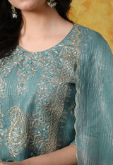 Turquoise Blue Crust Tissue Organza Sharara Set with Crepe Sharara