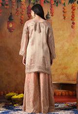 Peach Banarasi Silk Sharara Set with Crystal & Cutdana Work