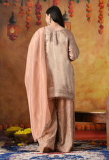Peach Banarasi Silk Sharara Set with Crystal & Cutdana Work