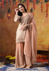 Peach Banarasi Silk Sharara Set with Crystal & Cutdana Work