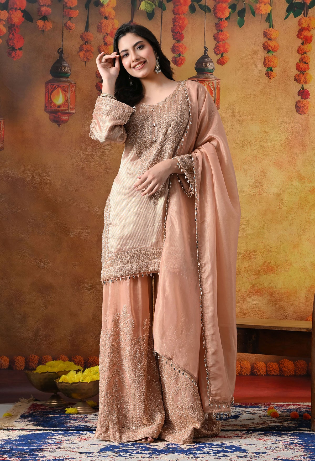 Peach Banarasi Silk Sharara Set with Crystal & Cutdana Work