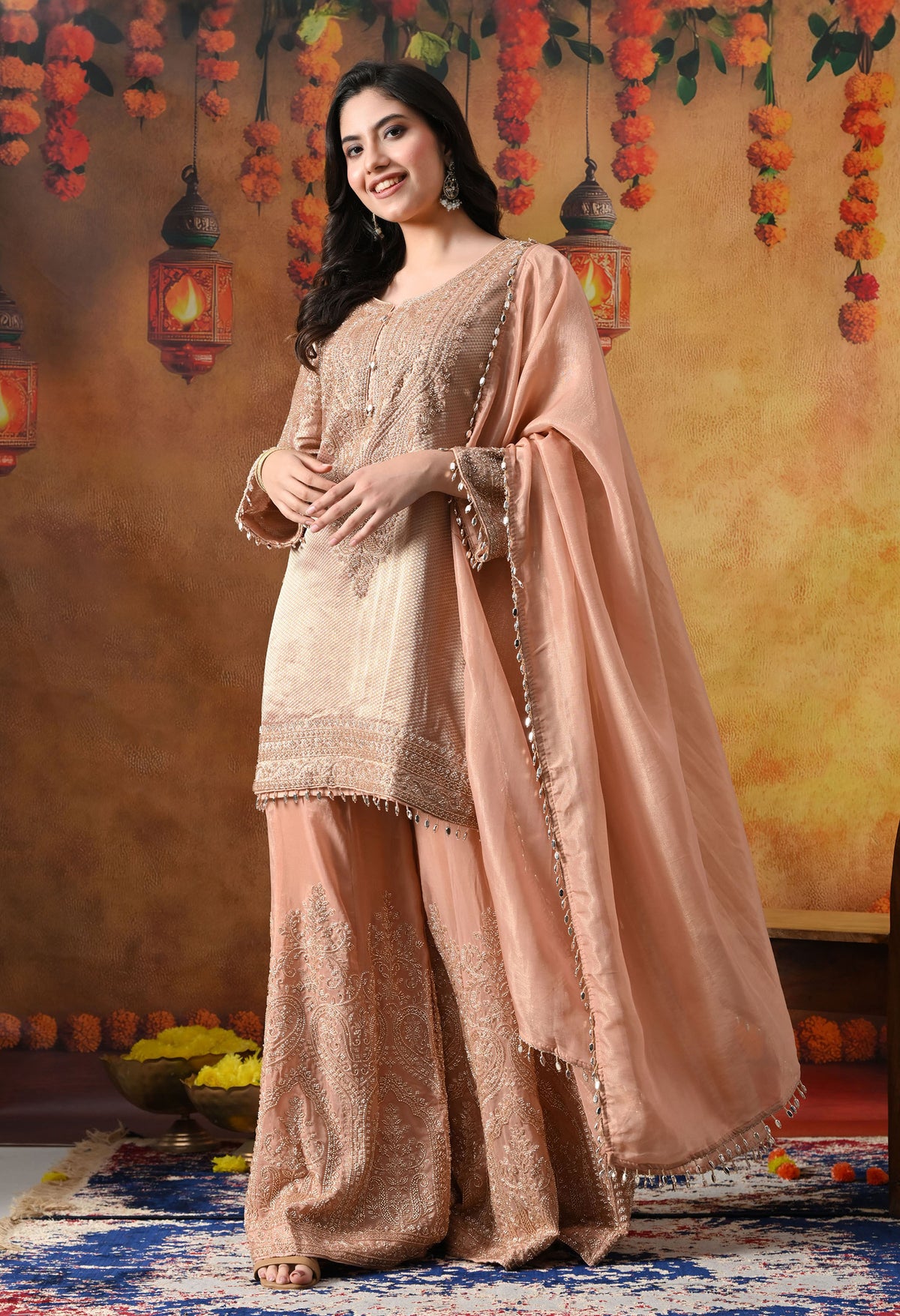 Peach Banarasi Silk Sharara Set with Crystal & Cutdana Work