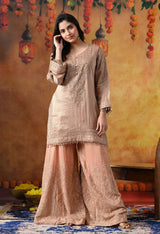 Peach Banarasi Silk Sharara Set with Crystal & Cutdana Work
