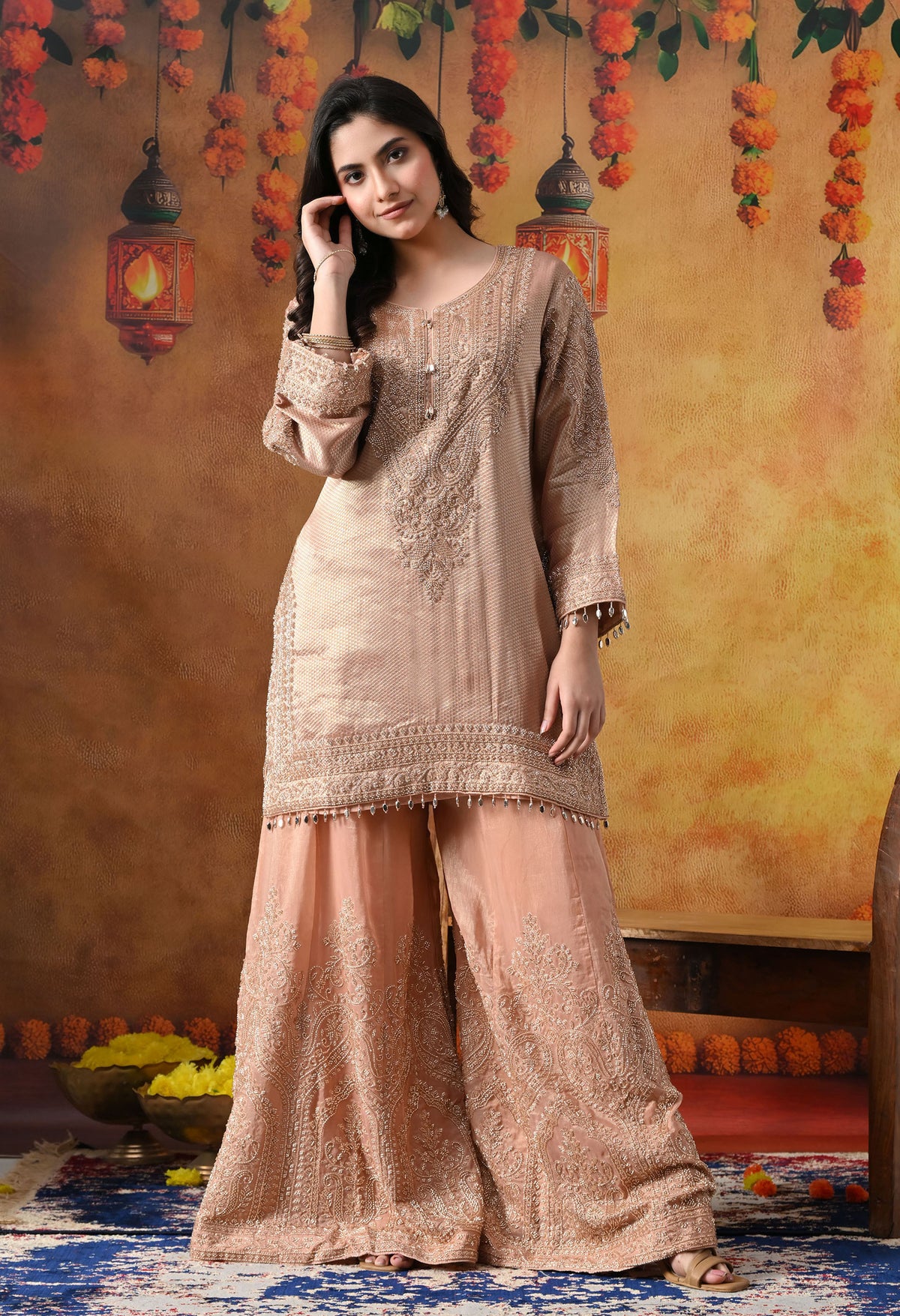 Peach Banarasi Silk Sharara Set with Crystal & Cutdana Work