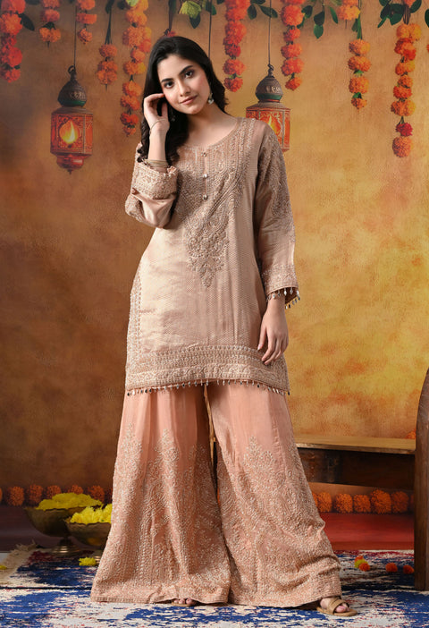 Peach Banarasi Silk Sharara Set with Crystal & Cutdana Work