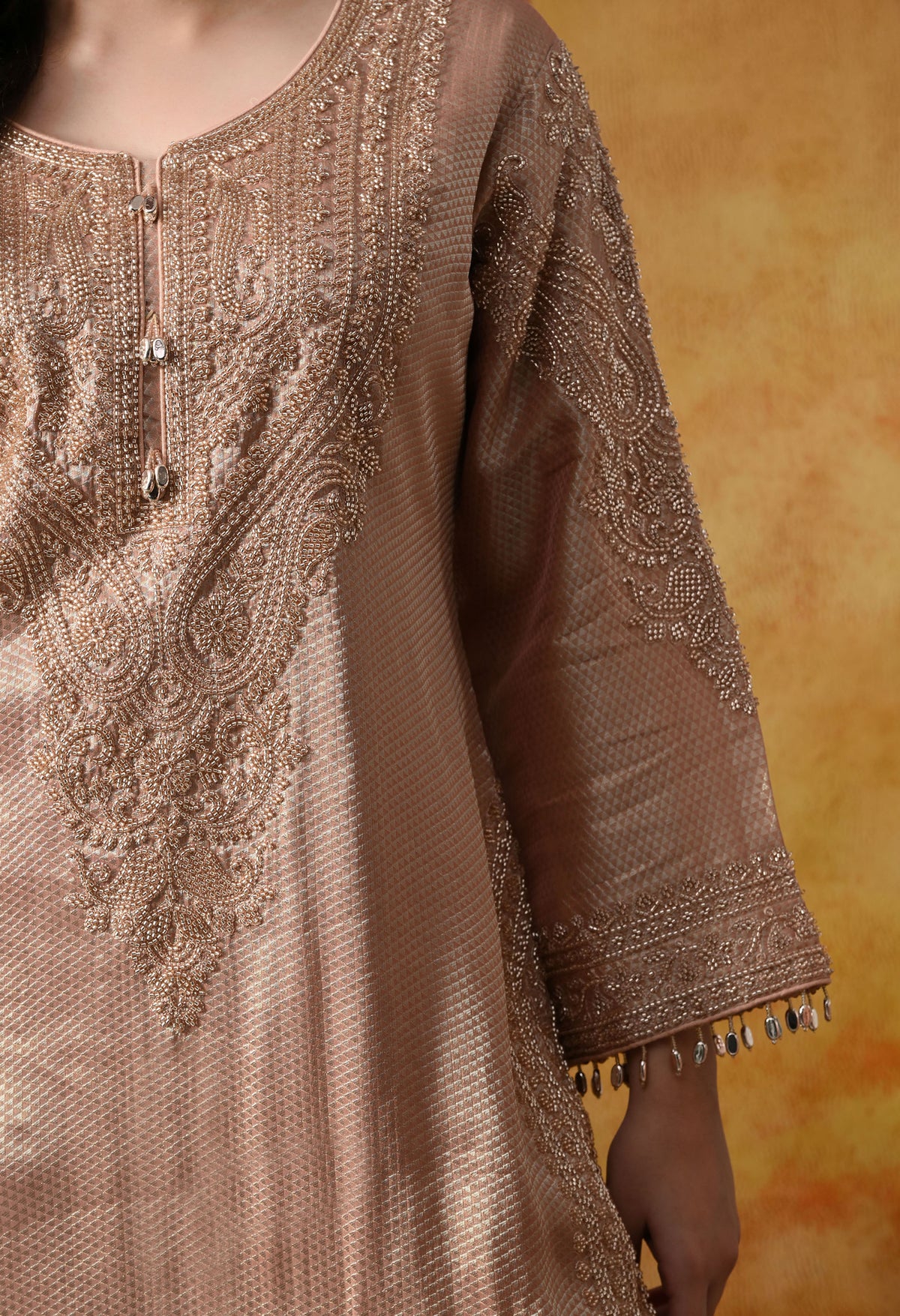 Peach Banarasi Silk Sharara Set with Crystal & Cutdana Work