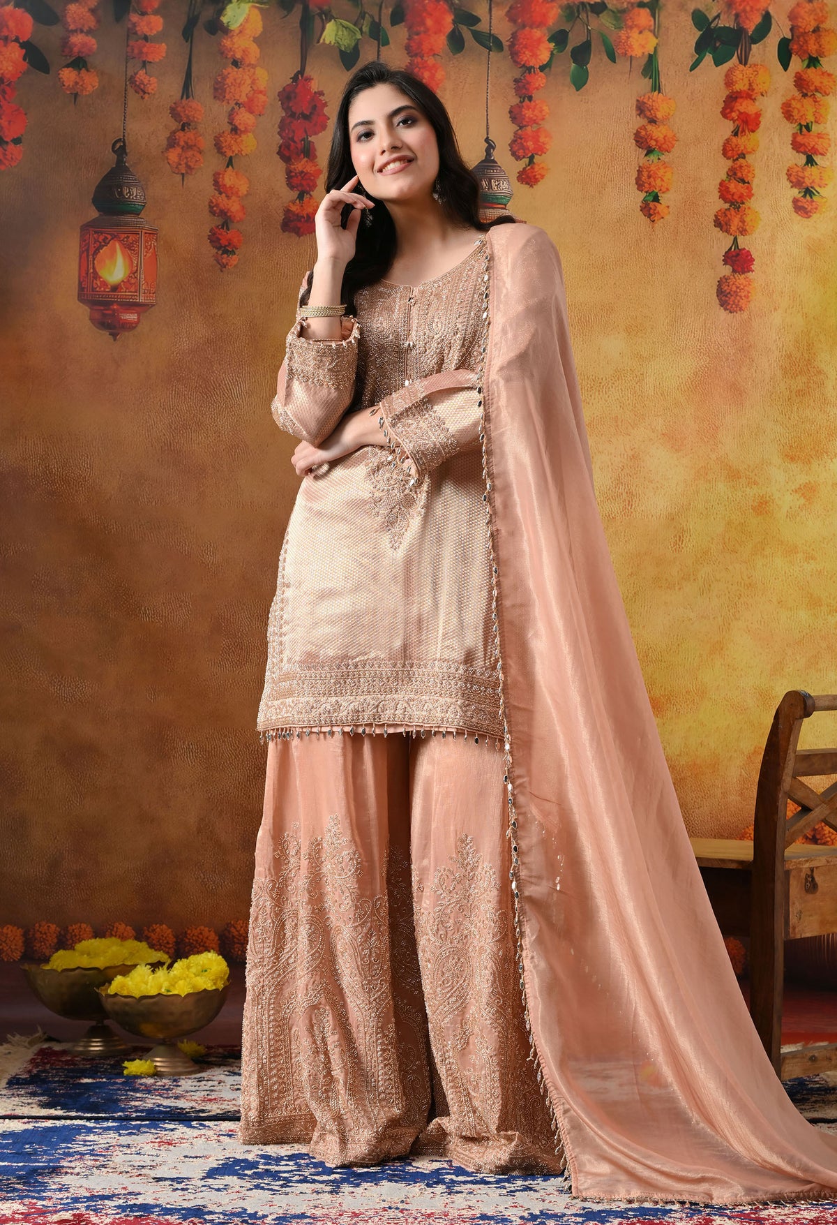 Peach Banarasi Silk Sharara Set with Crystal & Cutdana Work