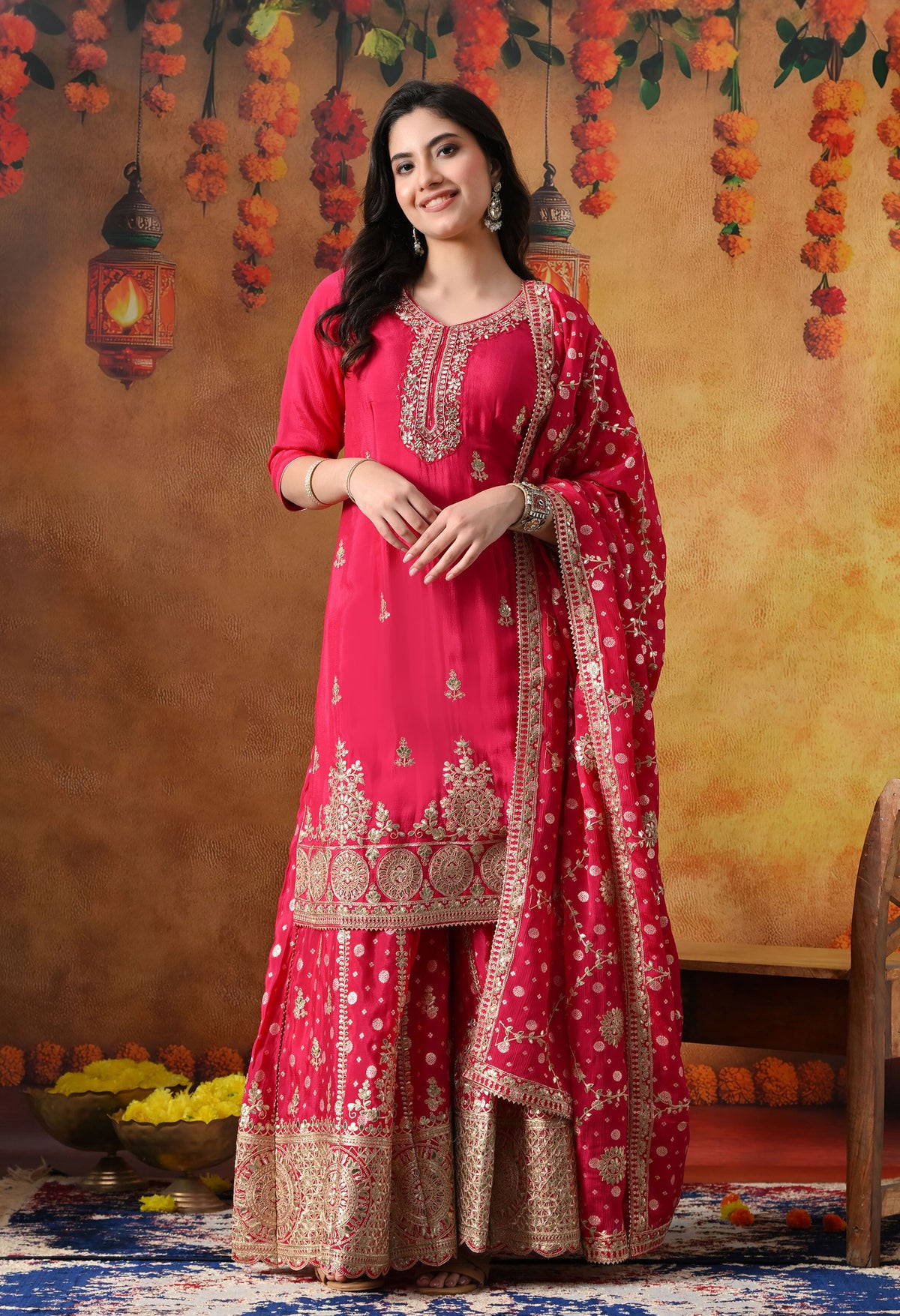 Hot Pink Chiffon Sharara Set with Banarasi Chiffon Dupatta