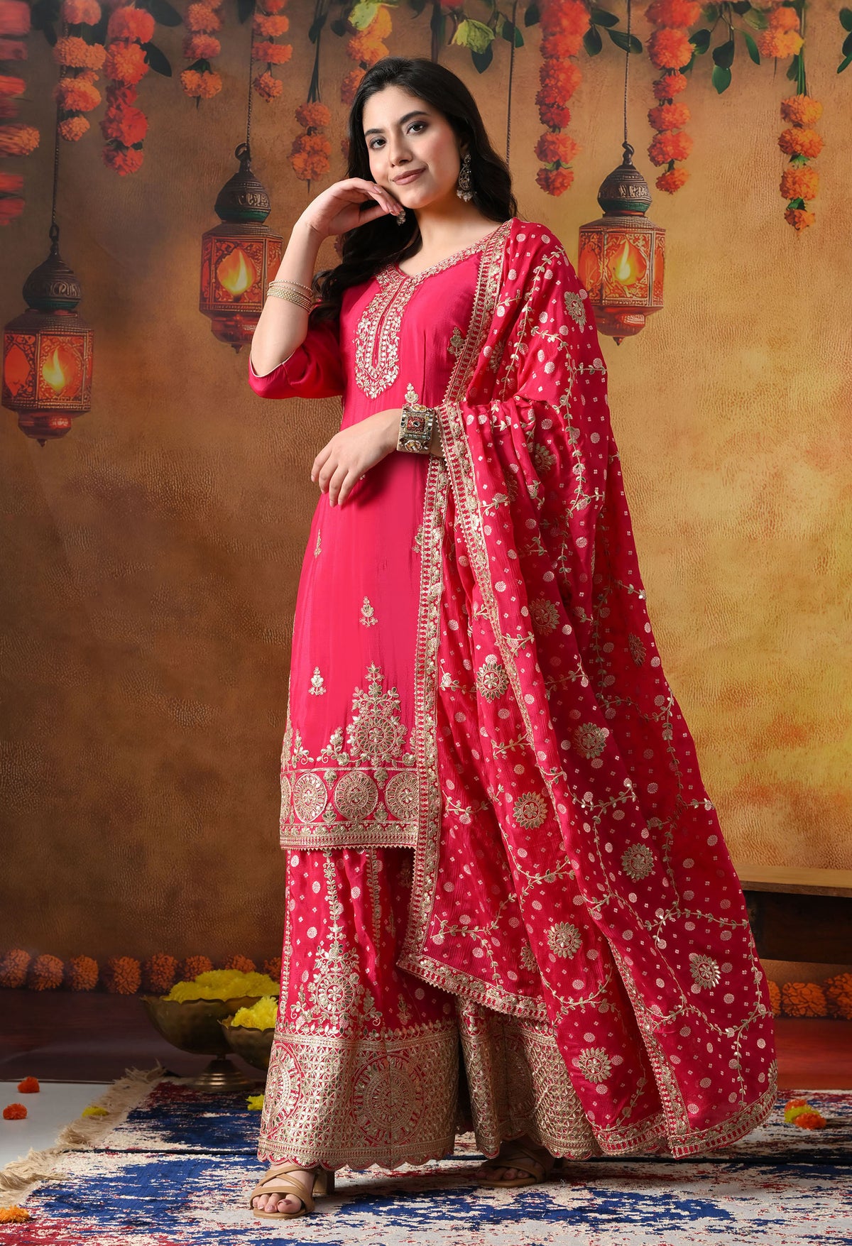 Hot Pink Chiffon Sharara Set with Banarasi Chiffon Dupatta