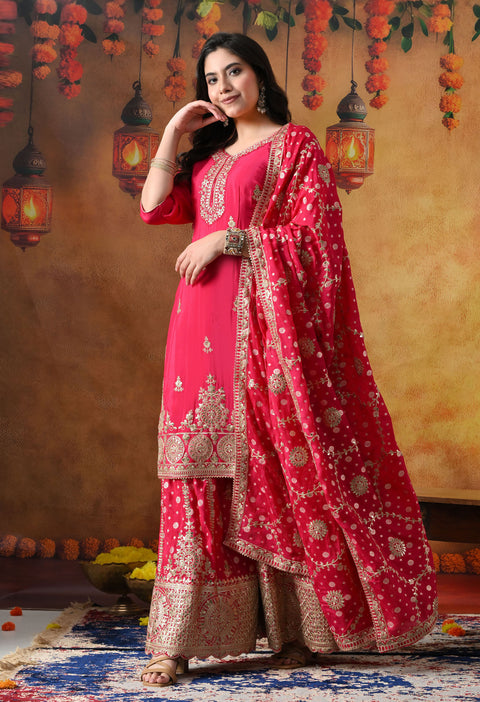 Hot Pink Chiffon Sharara Set with Banarasi Chiffon Dupatta