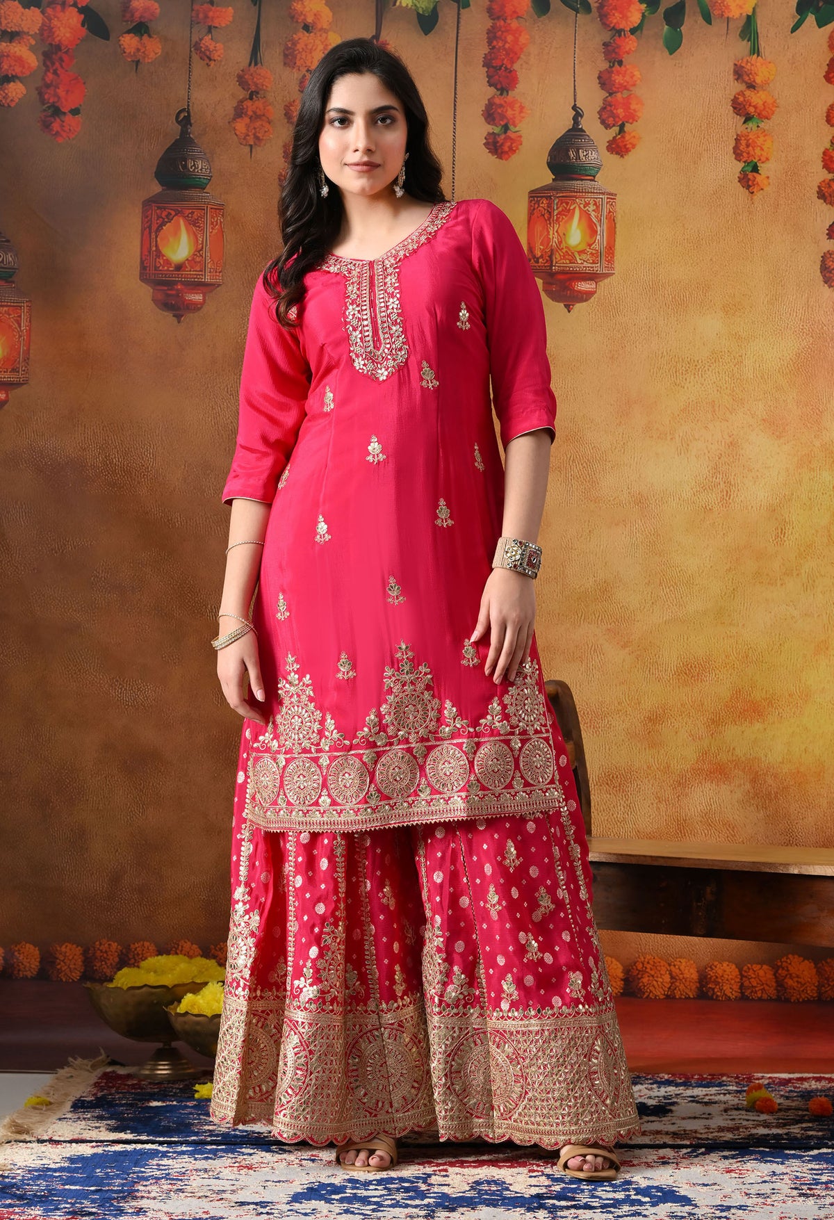 Hot Pink Chiffon Sharara Set with Banarasi Chiffon Dupatta