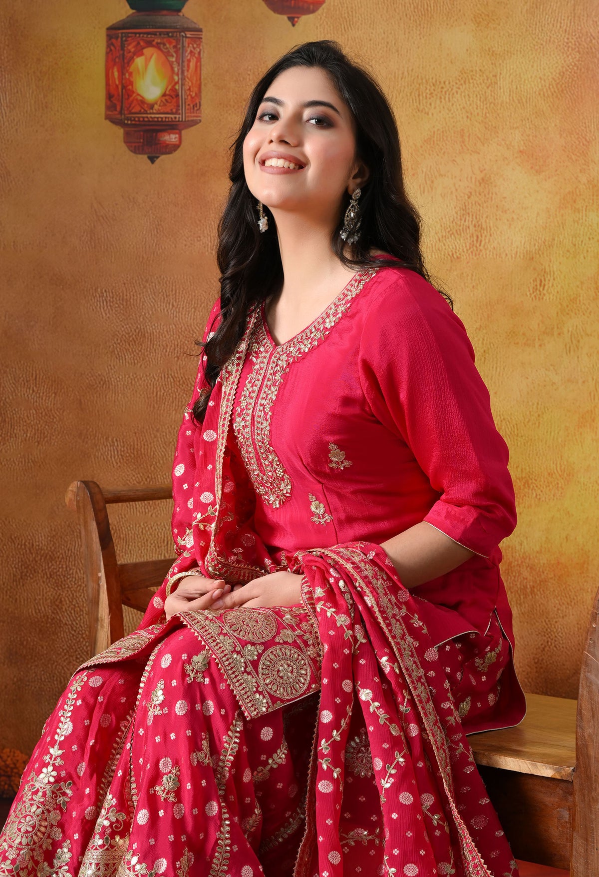 Hot Pink Chiffon Sharara Set with Banarasi Chiffon Dupatta