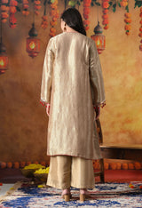 Golden Banarasi Silk Kurta Set with Red Organza Dupatta & Tissue Silk Palazzo