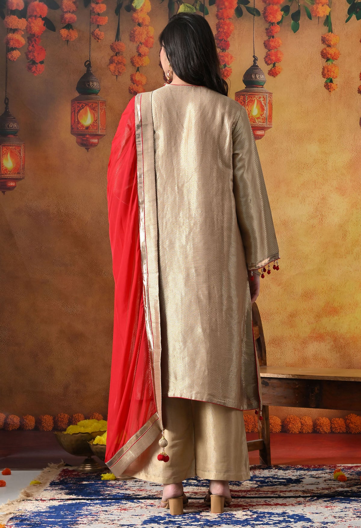 Golden Banarasi Silk Kurta Set with Red Organza Dupatta & Tissue Silk Palazzo