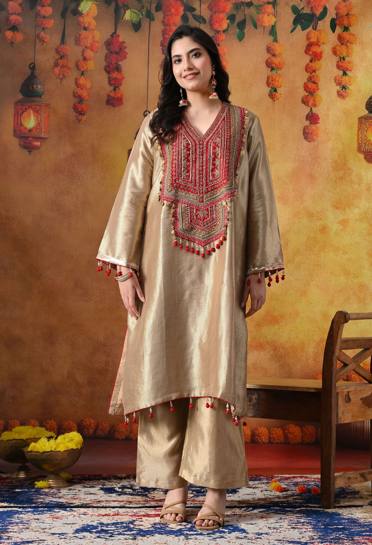 Golden Banarasi Silk Kurta Set with Red Organza Dupatta & Tissue Silk Palazzo