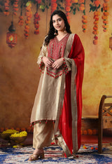 Golden Banarasi Silk Kurta Set with Red Organza Dupatta & Tissue Silk Palazzo