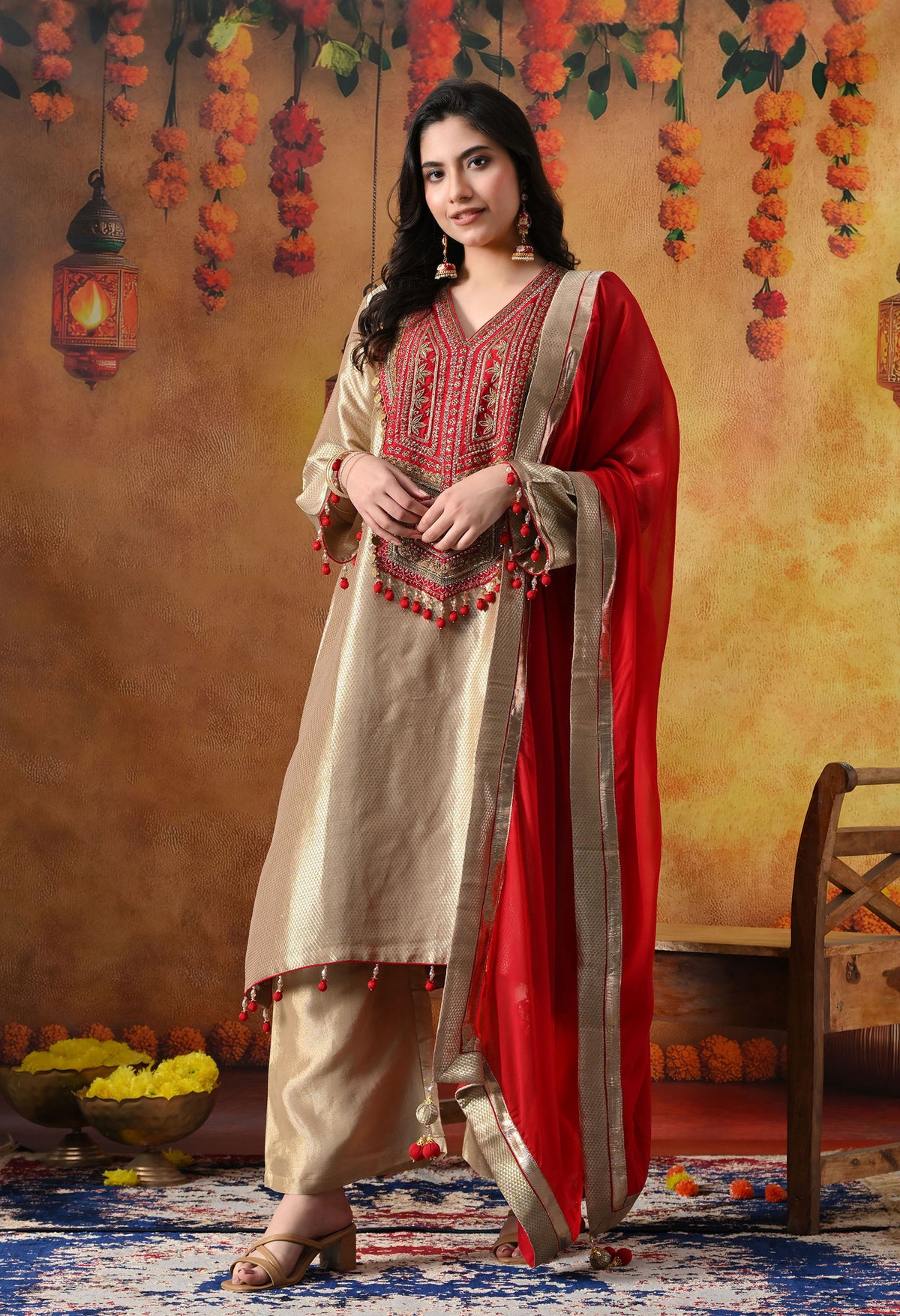 Golden Banarasi Silk Kurta Set with Red Organza Dupatta & Tissue Silk Palazzo