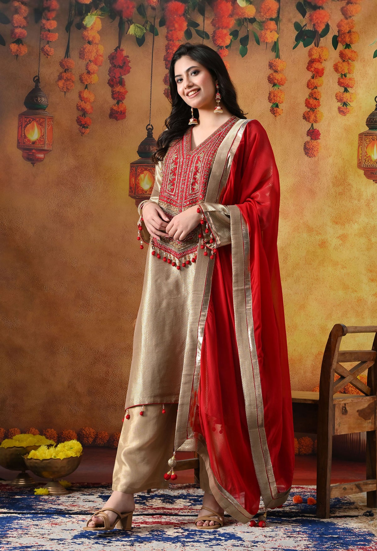 Golden Banarasi Silk Kurta Set with Red Organza Dupatta & Tissue Silk Palazzo