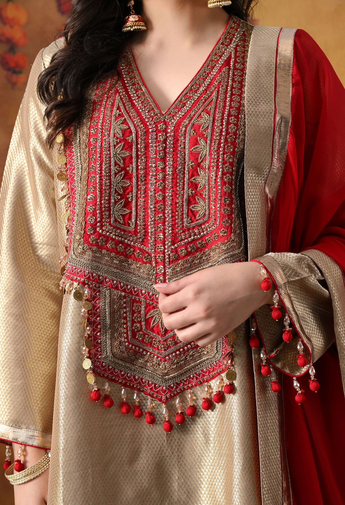 Golden Banarasi Silk Kurta Set with Red Organza Dupatta & Tissue Silk Palazzo