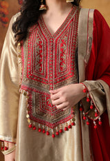 Golden Banarasi Silk Kurta Set with Red Organza Dupatta & Tissue Silk Palazzo