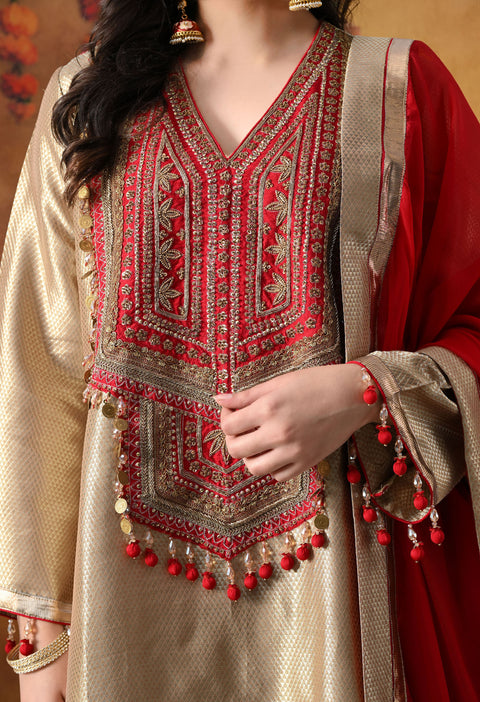 Golden Banarasi Silk Kurta Set with Red Organza Dupatta &amp; Tissue Silk Palazzo