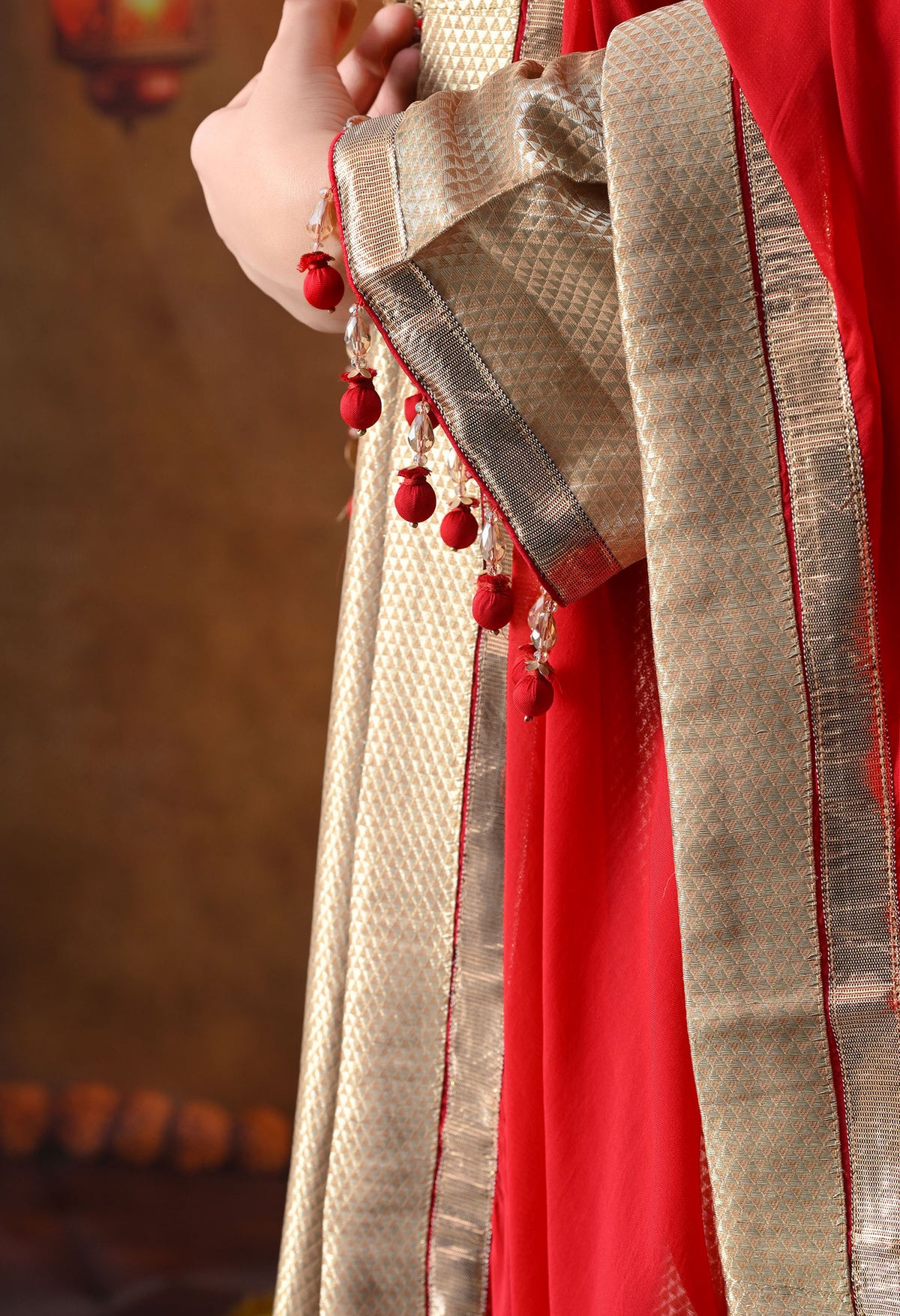 Golden Banarasi Silk Kurta Set with Red Organza Dupatta & Tissue Silk Palazzo