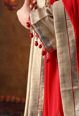 Golden Banarasi Silk Kurta Set with Red Organza Dupatta & Tissue Silk Palazzo
