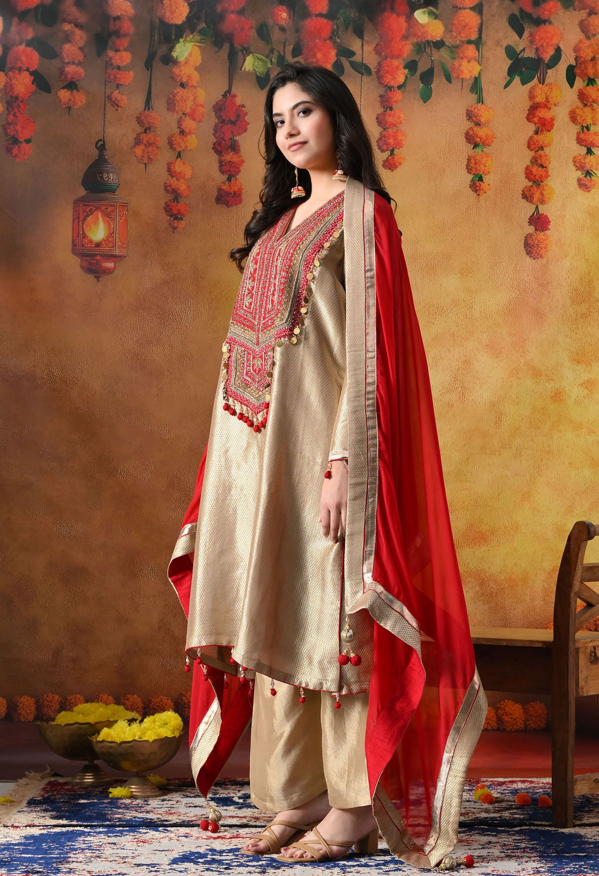 Golden Banarasi Silk Kurta Set with Red Organza Dupatta & Tissue Silk Palazzo