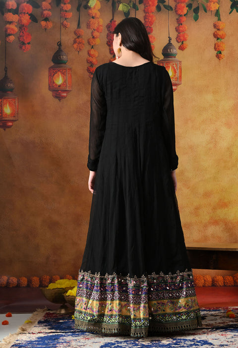 Black Chiffon Anarkali Set with Net Dupatta & Satin Silk Churidar
