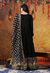 Black Chiffon Anarkali Set with Net Dupatta & Satin Silk Churidar
