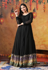 Black Chiffon Anarkali Set with Net Dupatta & Satin Silk Churidar