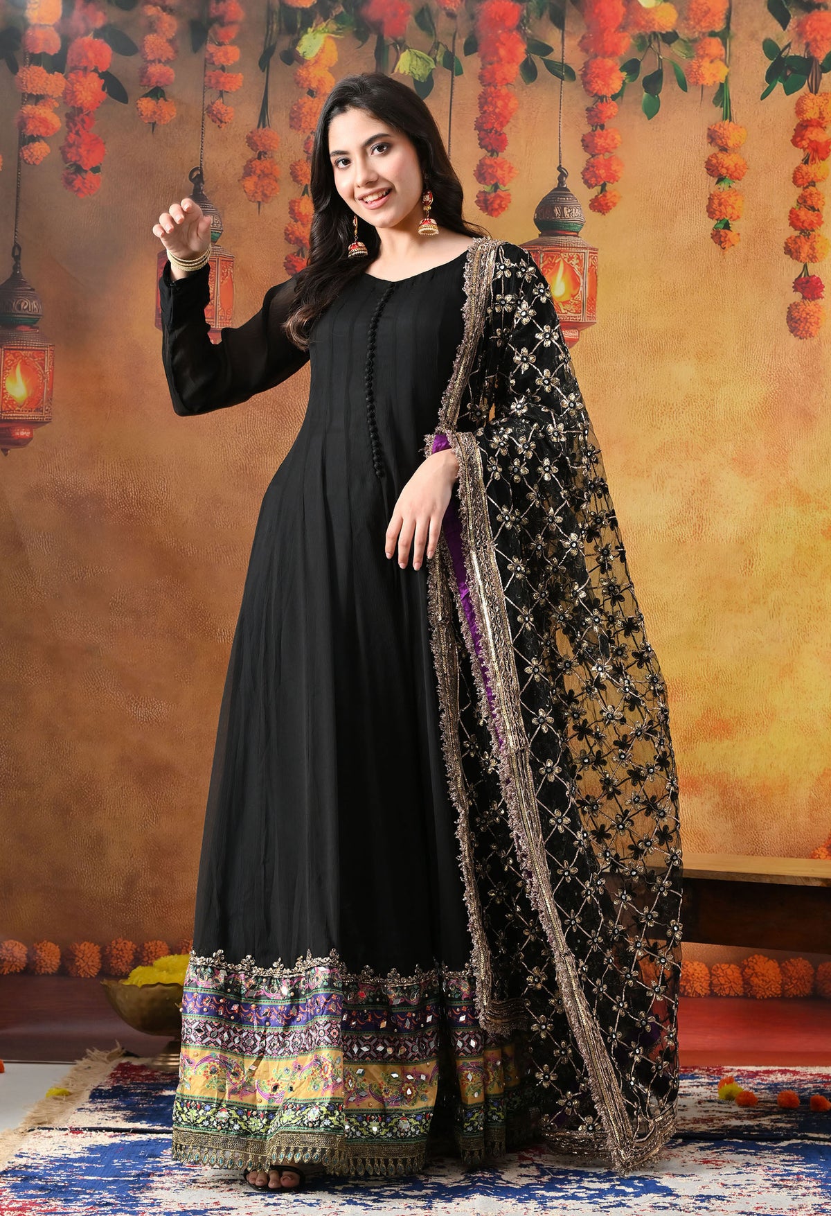 Black Chiffon Anarkali Set with Net Dupatta & Satin Silk Churidar