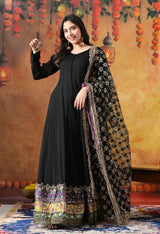 Black Chiffon Anarkali Set with Net Dupatta & Satin Silk Churidar
