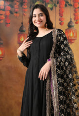 Black Chiffon Anarkali Set with Net Dupatta & Satin Silk Churidar