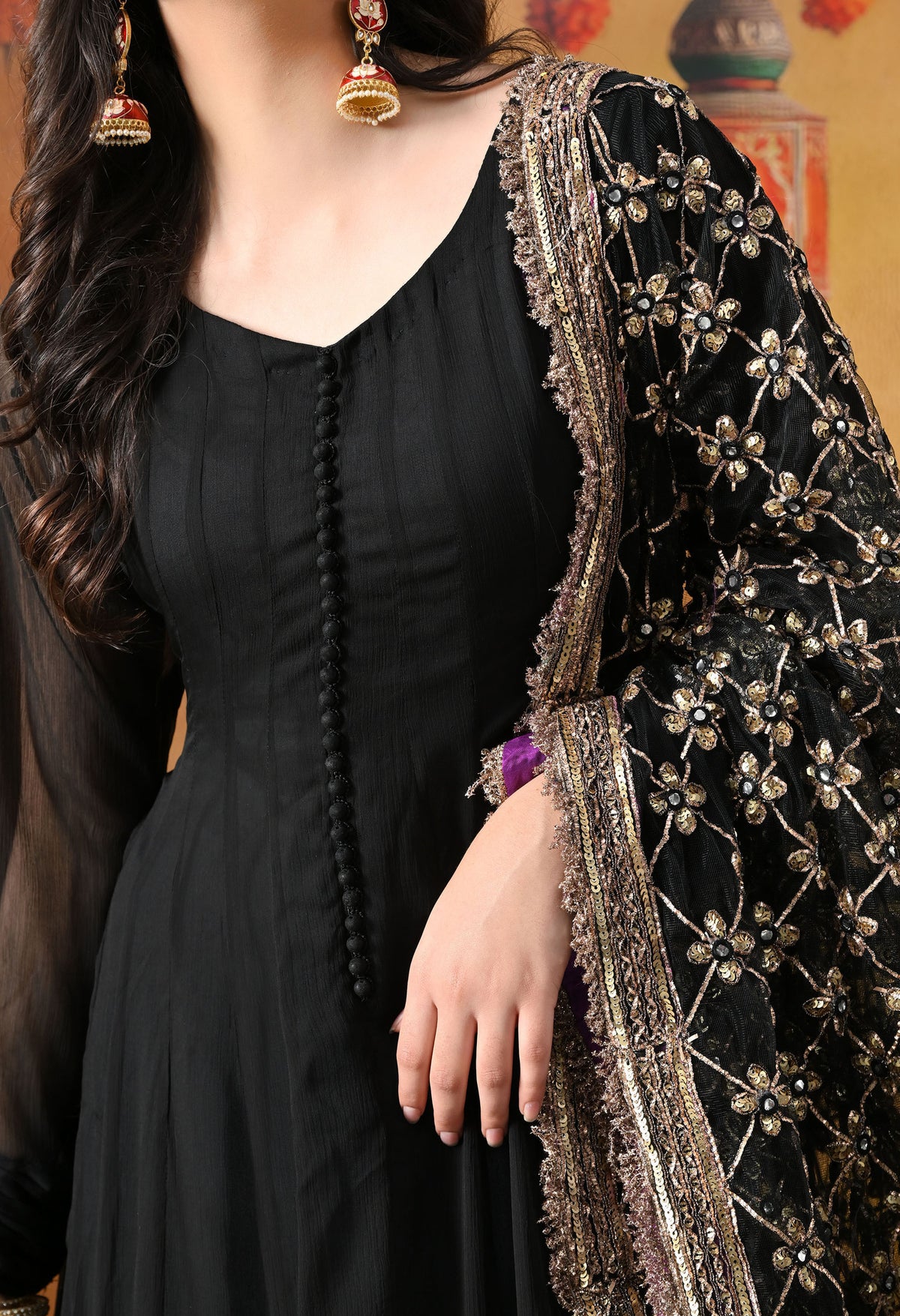 Black Chiffon Anarkali Set with Net Dupatta & Satin Silk Churidar