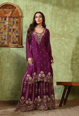 Purple Zardozi Embroidered Chinon Gharara Set