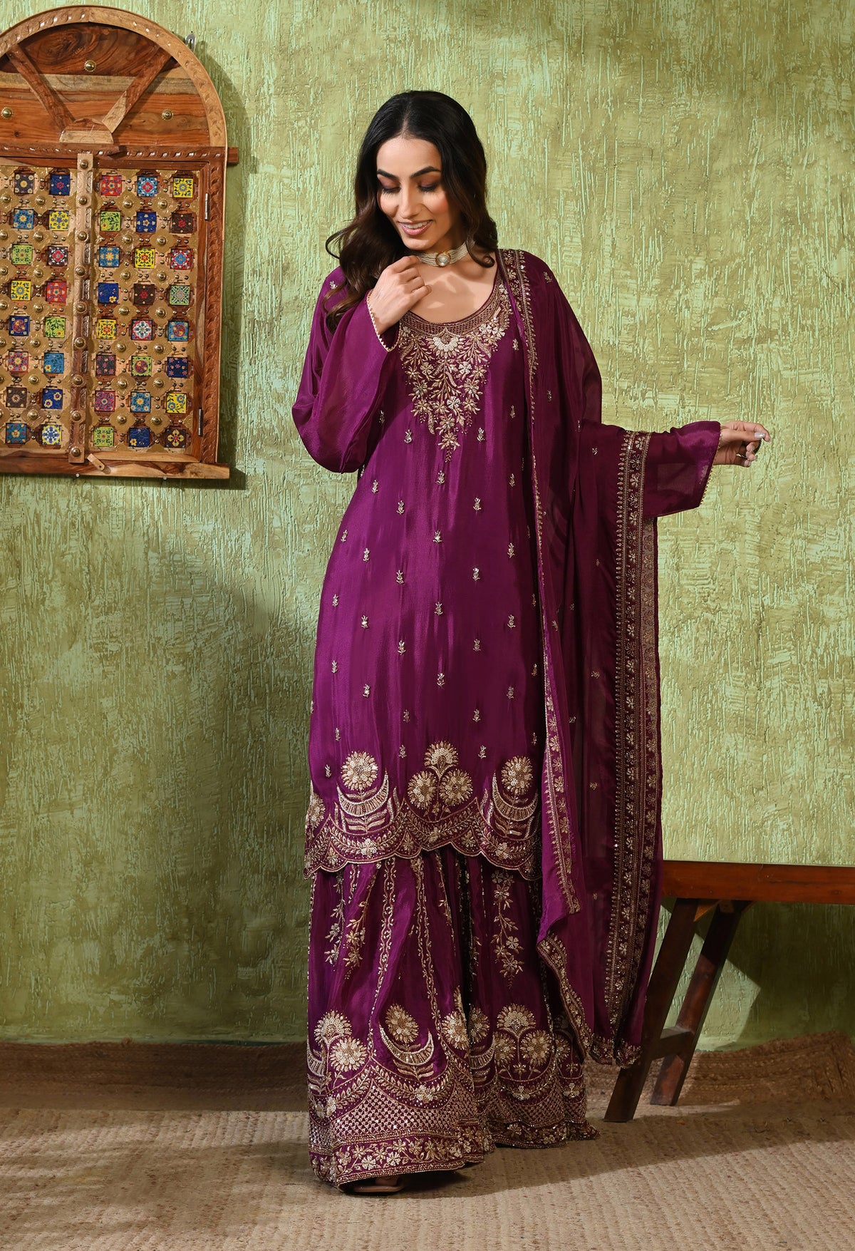 Purple Zardozi Embroidered Chinon Gharara Set