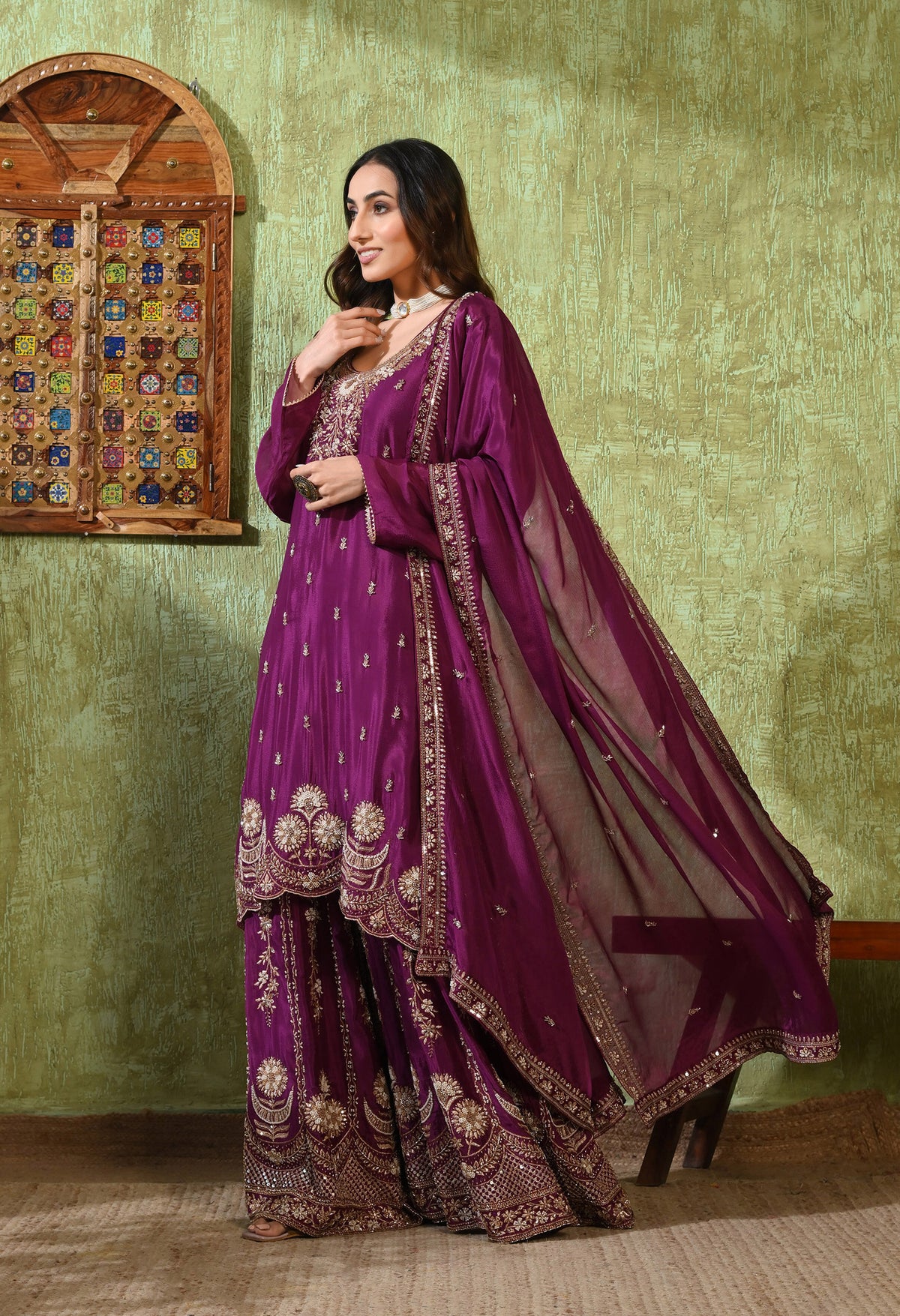 Purple Zardozi Embroidered Chinon Gharara Set