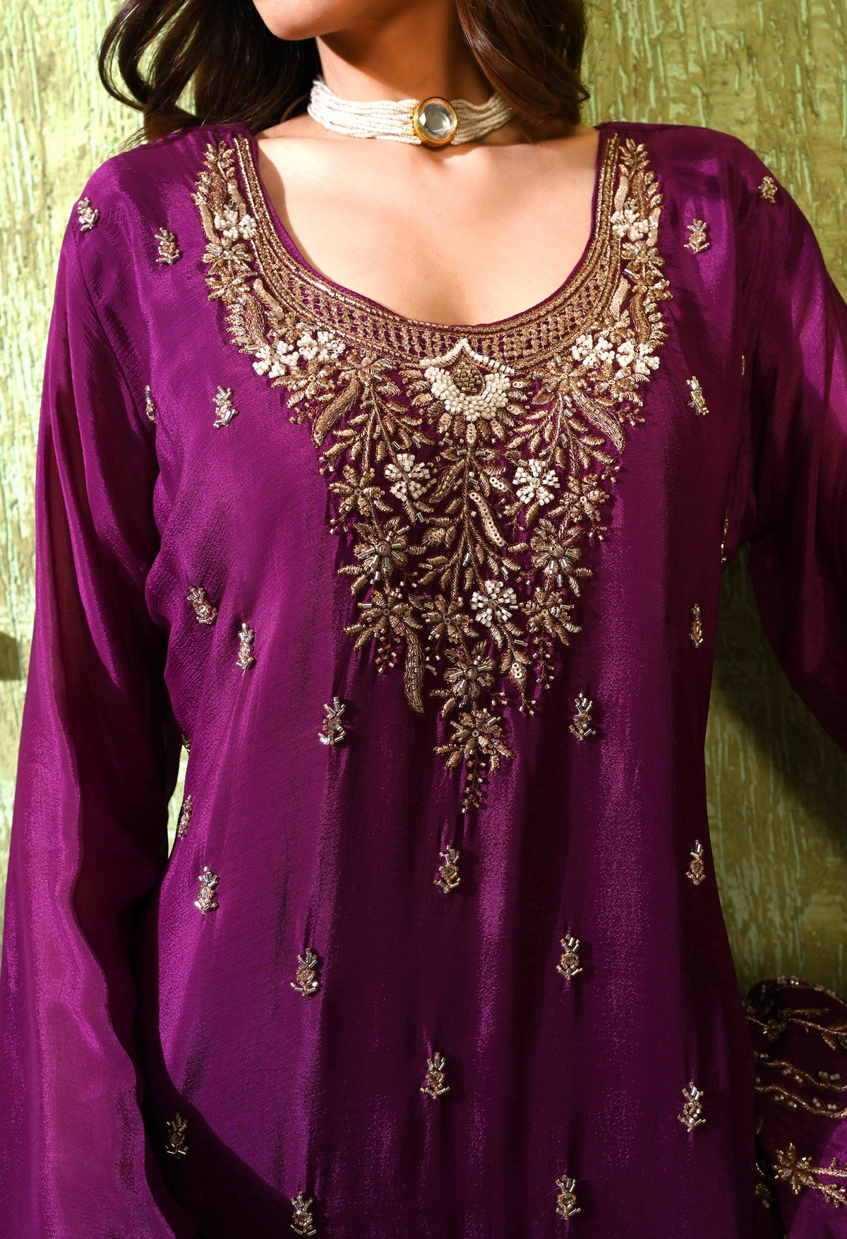 Purple Zardozi Embroidered Chinon Gharara Set