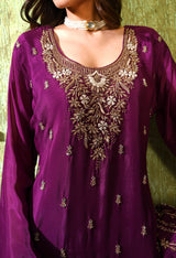 Purple Zardozi Embroidered Chinon Gharara Set