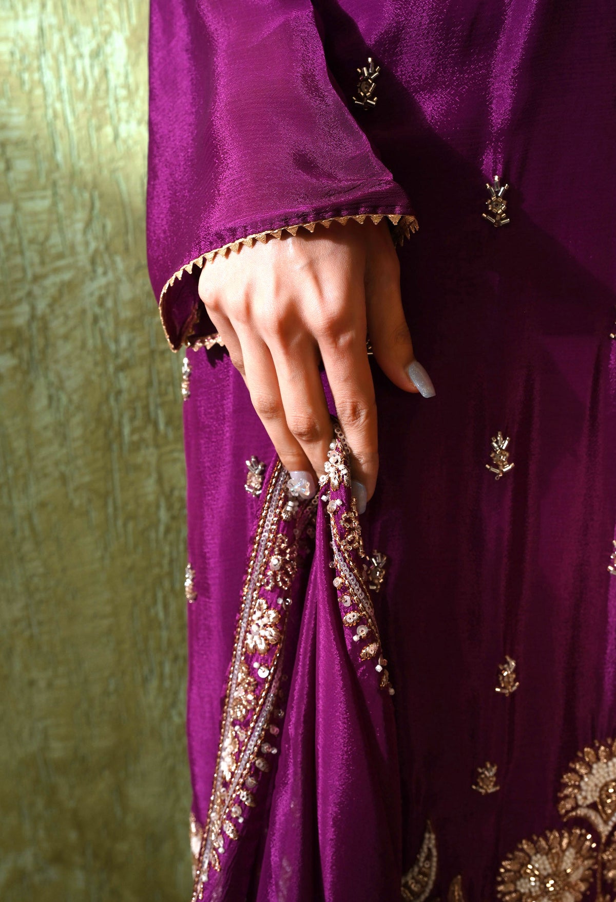 Purple Zardozi Embroidered Chinon Gharara Set