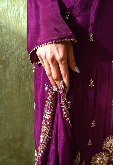 Purple Zardozi Embroidered Chinon Gharara Set